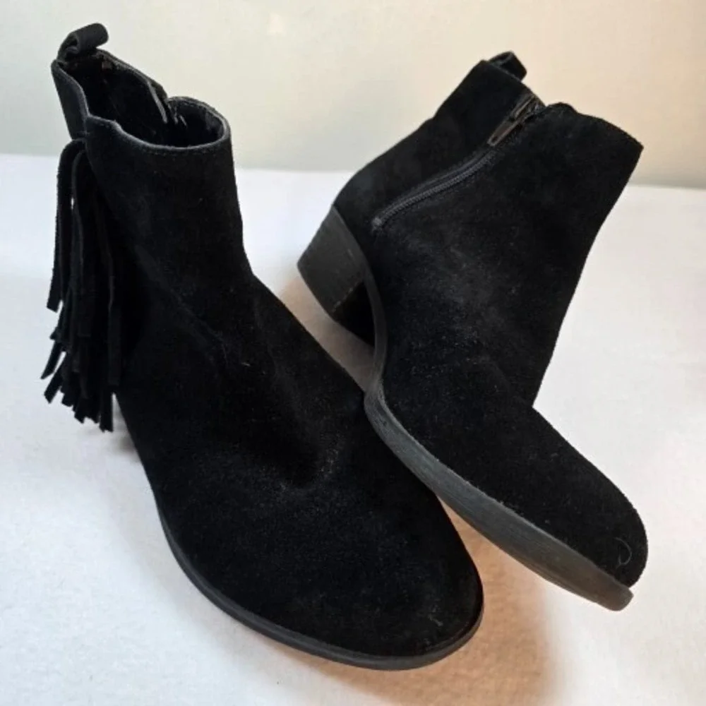Womens Suede Fringe Ankle Boots Black‎ Western Boho Chic Classic Festival Sz 6.5